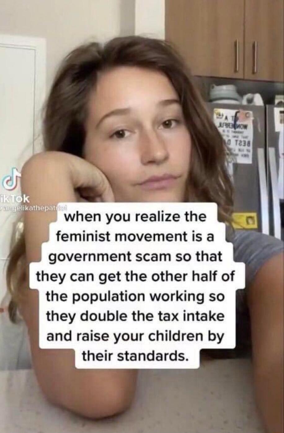 when you realize the feminist movement is a government scam so that they can get the other half of the population working so they double the tax intake and raise your children by their standards