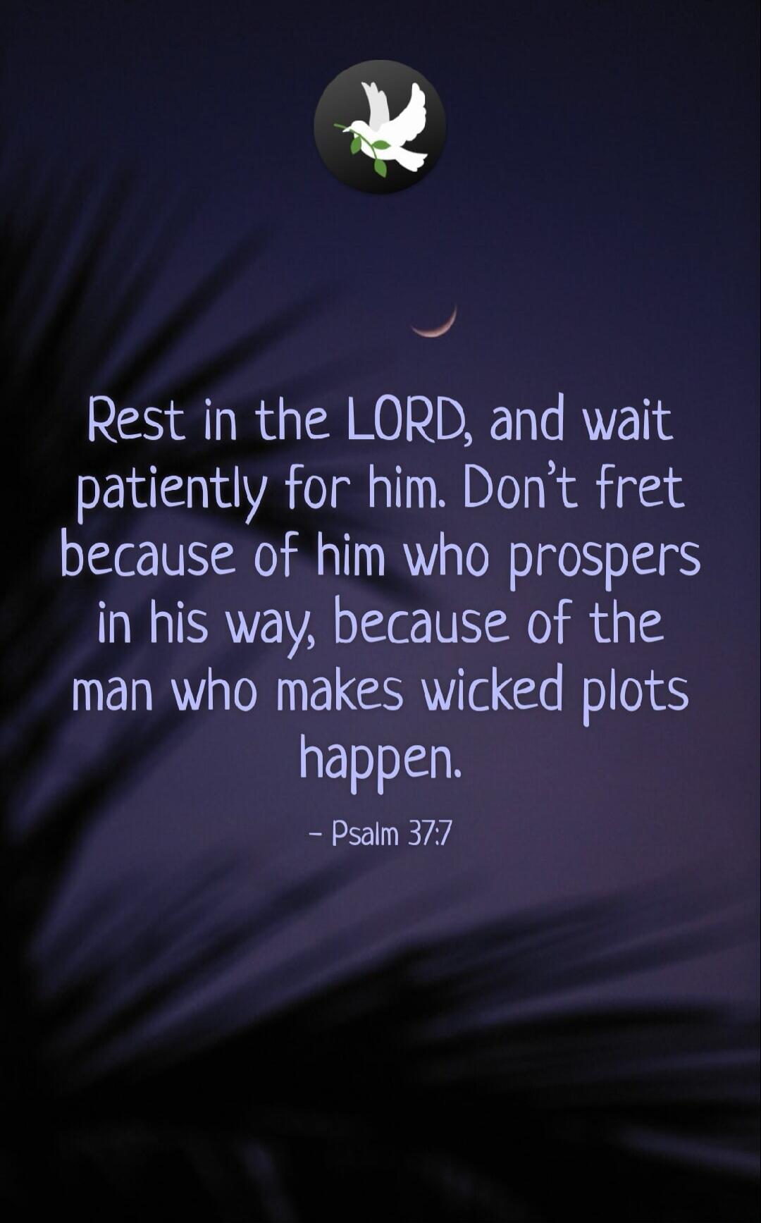 Rest in the LORD, and wait patiently for him. Don't fret because of him who prospers in his way, because of the man who makes wicked plots happen. - Psalm 37:7
