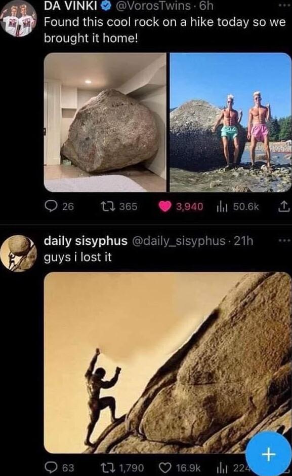DA VINKI VorosTwins 6h W Found this cool rock on a hike today so we brought it home Q2 11365 3940 ljs06k y daily sisyphus daily_sisyphus 21h J guys ilost it
