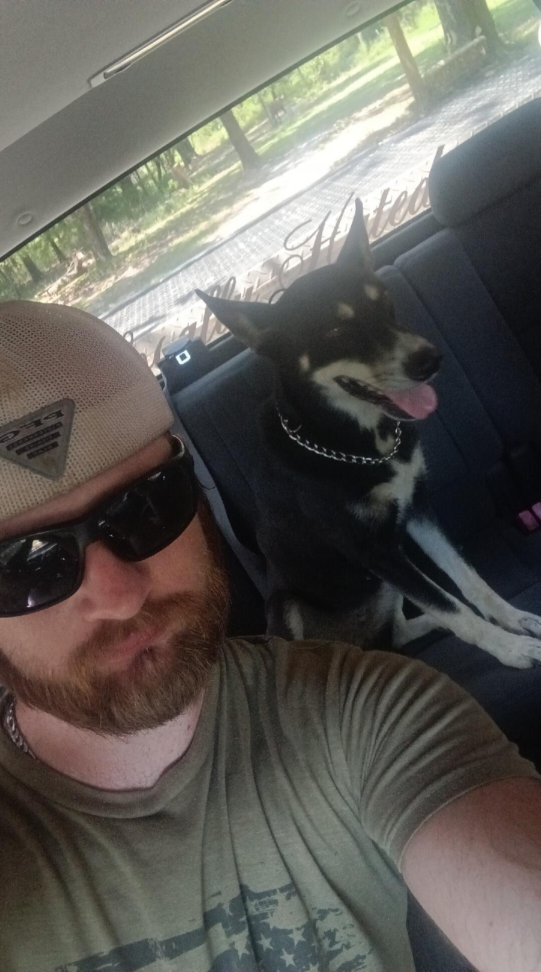 A man with a beard, sunglasses, and a cap is taking a selfie in a car with his dog. The dog, black and white with a chain collar, is sitting on the back seat, looking out the window with its tongue out. The man's cap has 'PEG' and a logo. His shirt has a faded American flag design. In the background, trees and greenery are visible. There is text 'H