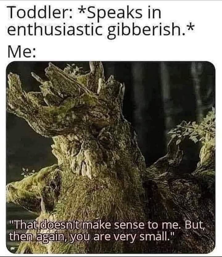 Toddler Speaks in enthusiastic gibberish Thatf mesn itimake sense to me But thenagaln you are very small