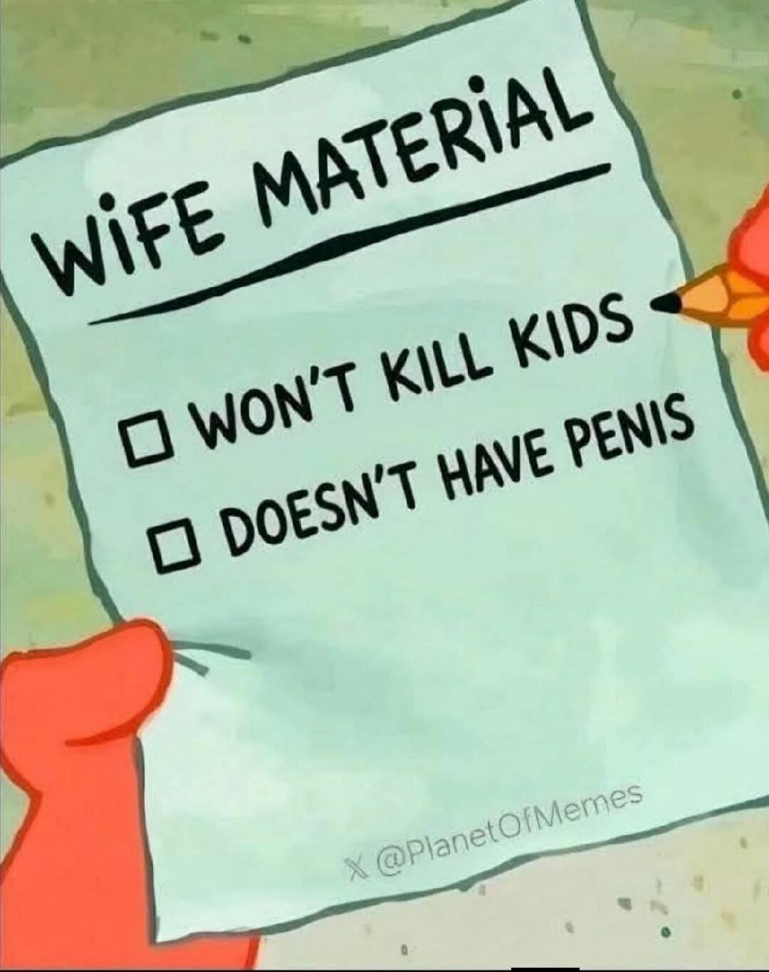 WIFE MATERIAL WON'T KILL KIDS DOESN'T HAVE PENIS