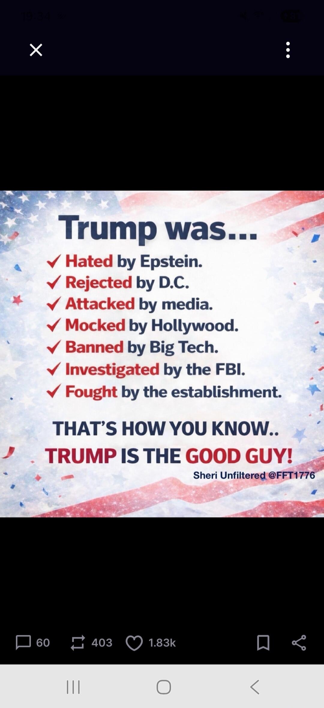 Trump was... Hated by Epstein. Rejected by D.C. Attacked by media. Mocked by Hollywood. Banned by Big Tech. Investigated by the FBI. Fought by the establishment. THAT'S HOW YOU KNOW.. TRUMP IS THE GOOD GUY! Sheri Unfiltered @FFT1776
