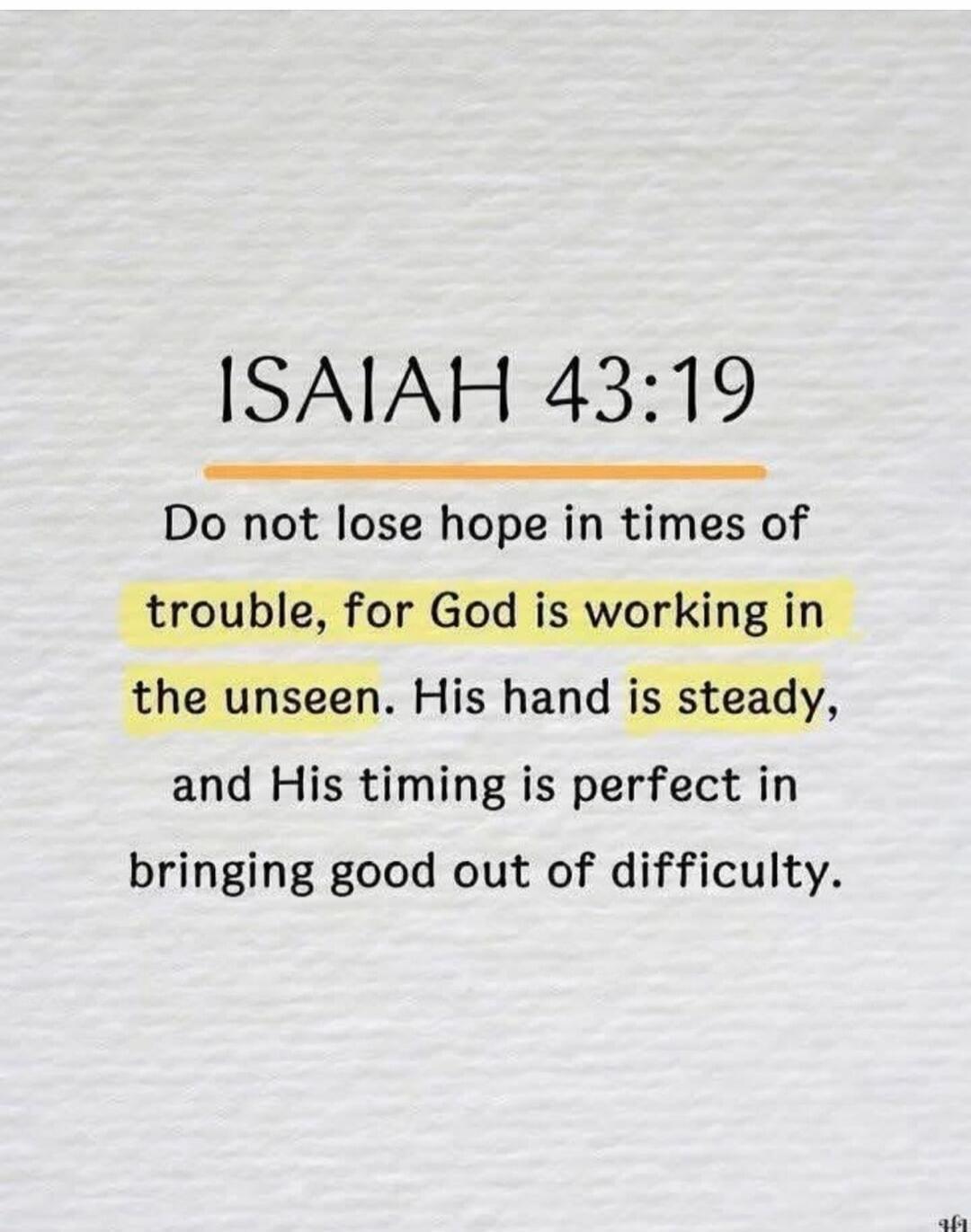 ISAIAH 43:19 Do not lose hope in times of trouble, for God is working in the unseen. His hand is steady, and His timing is perfect in bringing good out of difficulty.