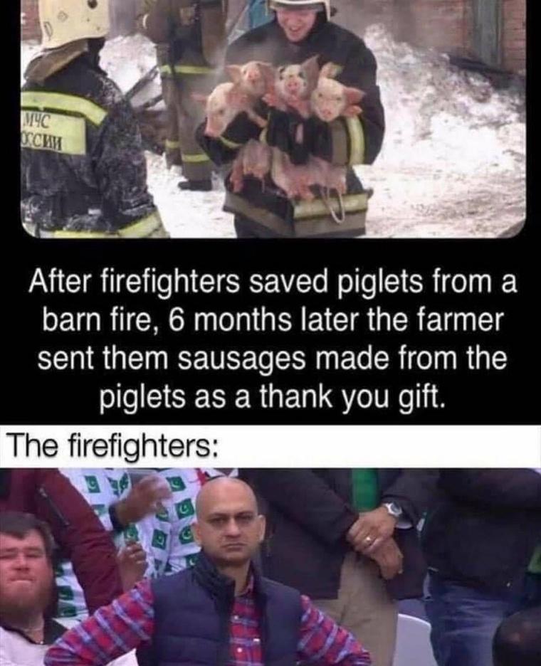 After firefighters saved piglets from a barn fire 6 months later the farmer sent them sausages made from the piglets as a thank you gift The frefghters