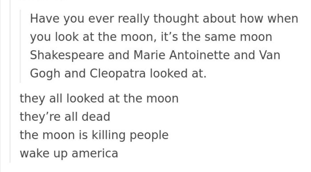 Have you ever really thought about how when you look at the moon its the same moon Shakespeare and Marie Antoinette and Van Gogh and Cleopatra looked at they all looked at the moon theyre all dead the moon is killing people wake up america