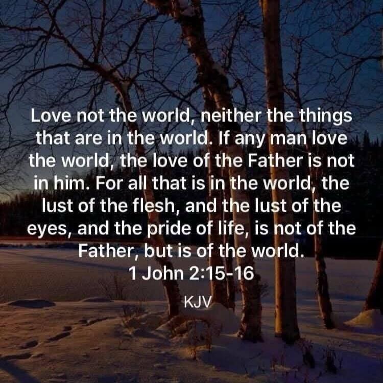 Love not the world, neither the things that are in the world. If any man love the world, the love of the Father is not in him. For all that is in the world, the lust of the flesh, and the lust of the eyes, and the pride of life, is not of the Father, but is of the world. 1 John 2:15-16
KJV