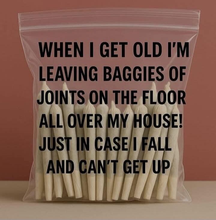 WHEN I GET OLD I'M LEAVING BAGGIES OF JOINTS ON THE FLOOR ALL OVER MY HOUSE! JUST IN CASE I FALL AND CAN'T GET UP