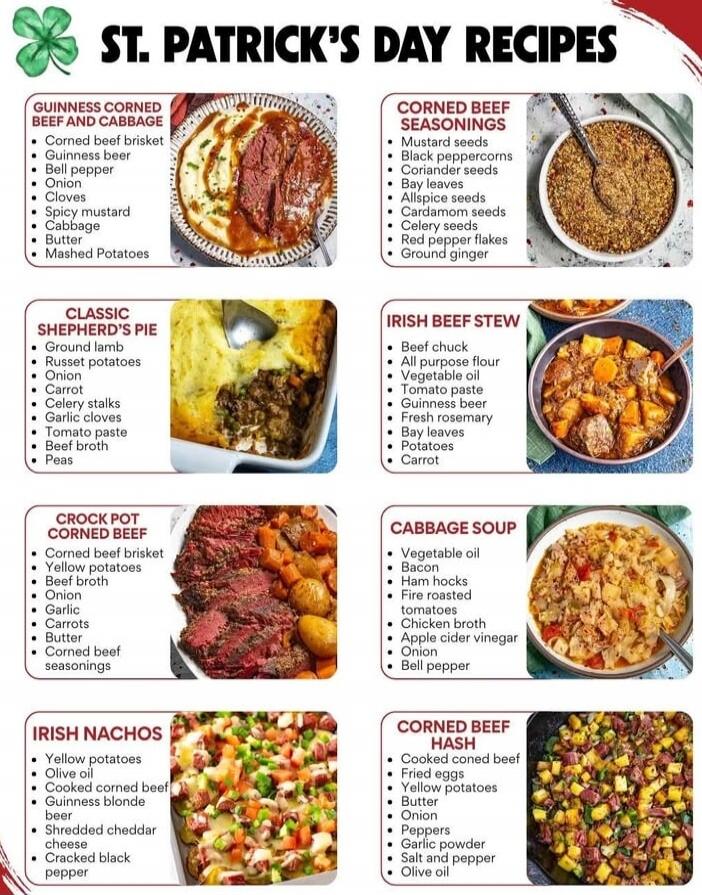 ST. PATRICK'S DAY RECIPES
GUINNESS CORNED BEEF AND CABBAGE
Corned beef brisket, Guinness beer, Bell pepper, Onion, Cloves, Spicy mustard, Cabbage, Butter, Mashed Potatoes.
CORNED BEEF SEASONINGS
Mustard seeds, Black peppercorns, Coriander seeds, Bay leaves, Allspice seeds, Cardamom seeds, Celery seeds, Red pepper flakes, Ground ginger.
CLASSIC SHEP