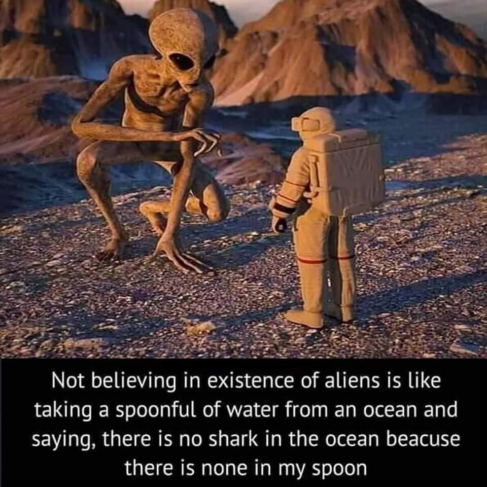 Not believing in existence of aliens is like taking a spoonful of water from an ocean and saying there is no shark in the ocean beacuse there is none in my spoon