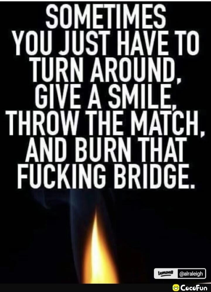 SOMETIMES YOU JUST HAVE TO TURN AROUND, GIVE A SMILE, THROW THE MATCH, AND BURN THAT FUCKING BRIDGE.