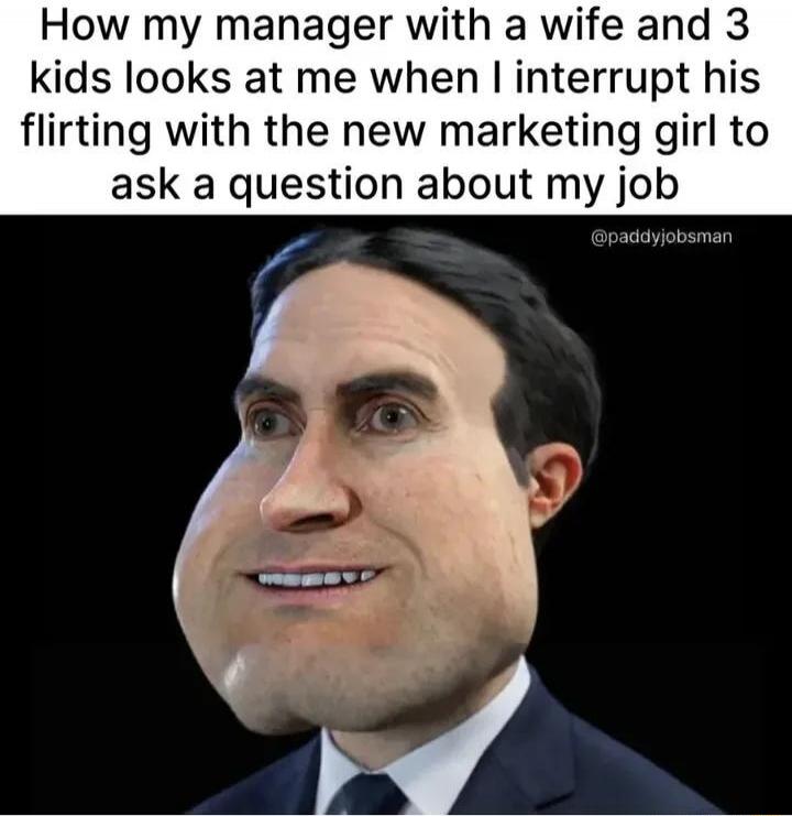 How my manager with a wife and 3 kids looks at me when I interrupt his flirting with the new marketing girl to ask a question about my job @paddyjobsman