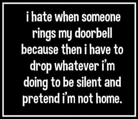 i hate when someone rings my doorbell because then i have to drop whatever i’m doing to be silent and pretend i’m not home.