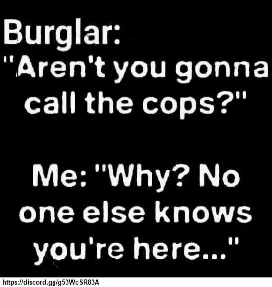 Burglar N YCHR QLT call the cops Me Why No one else knows youre here