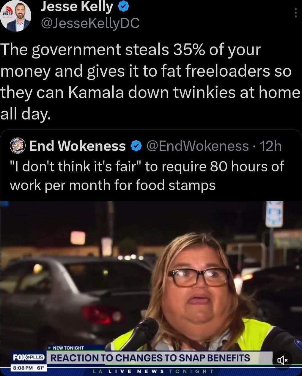 The government steals 35% of your money and gives it to fat freeloaders so they can Kamala down twinkies at home all day. End Wokeness: 