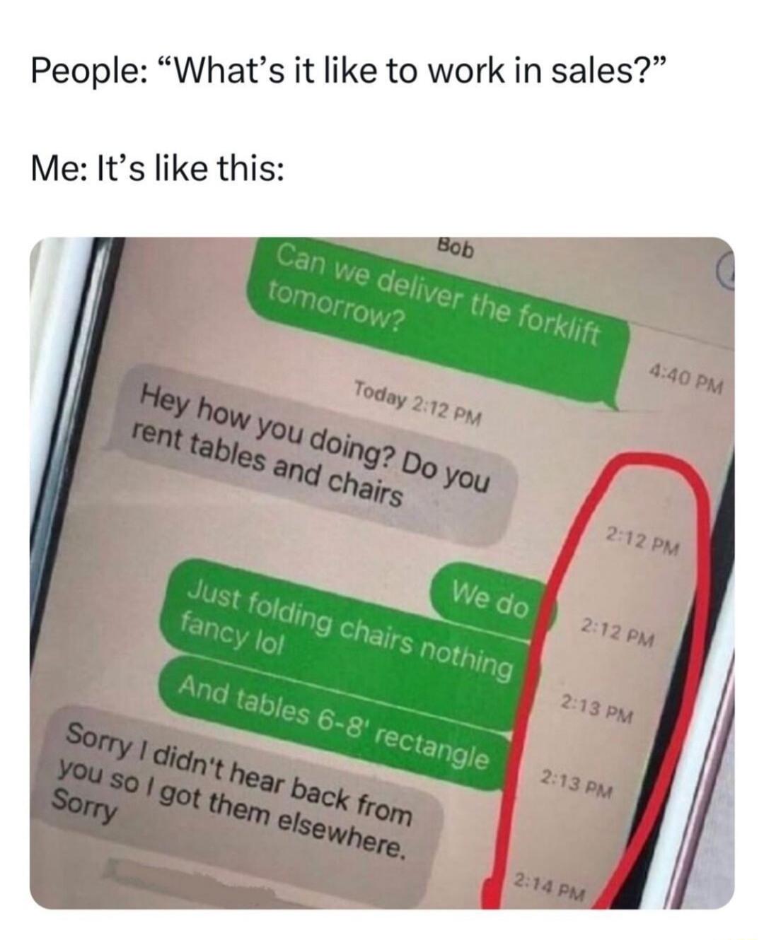 People Whats it like to work in sales Me Its like this