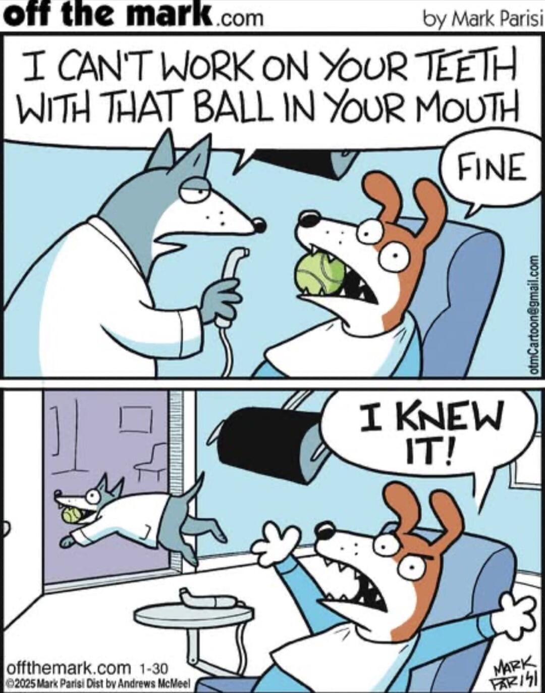Off the mark com by Mark Parisi T CANT WORK ON YOUR TEETH WITH THAT BALL IN YouR MouT offthemarkcom 1 a 2025 Mart Passs O by v