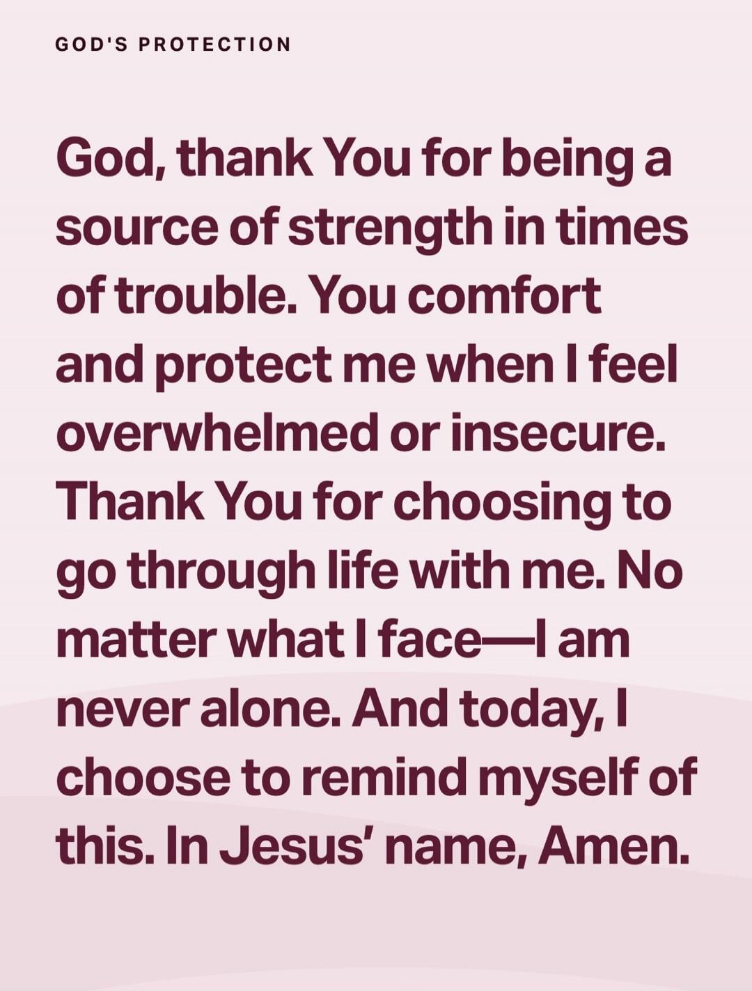 GOD'S PROTECTION

God, thank You for being a source of strength in times of trouble. You comfort and protect me when I feel overwhelmed or insecure. Thank You for choosing to go through life with me. No matter what I face—I am never alone. And today, I choose to remind myself of this. In Jesus’ name, Amen.