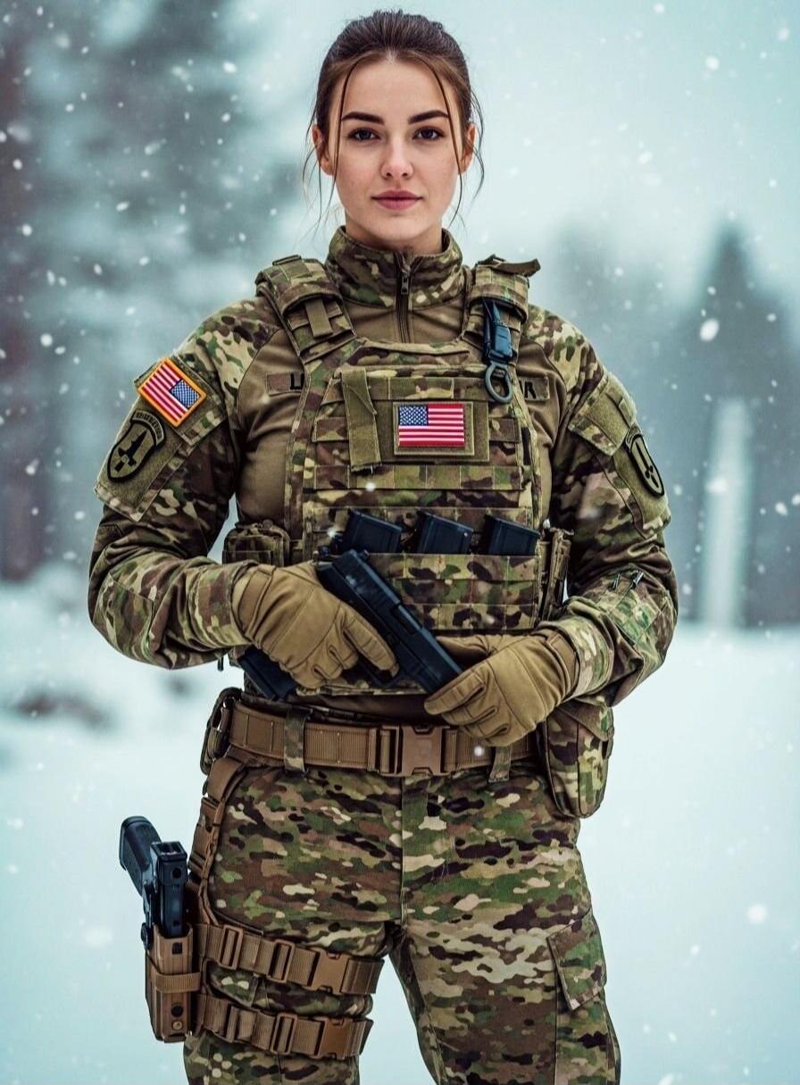 A female soldier in camouflage tactical gear wearing an American flag patch on the chest and shoulder. She stands in a snowy outdoor scene holding a pistol with other gear and pouches visible.