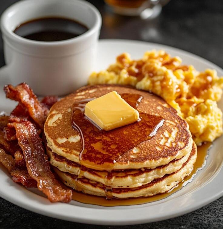 Pancakes with butter, maple syrup, bacon, scrambled eggs, and a cup of coffee.