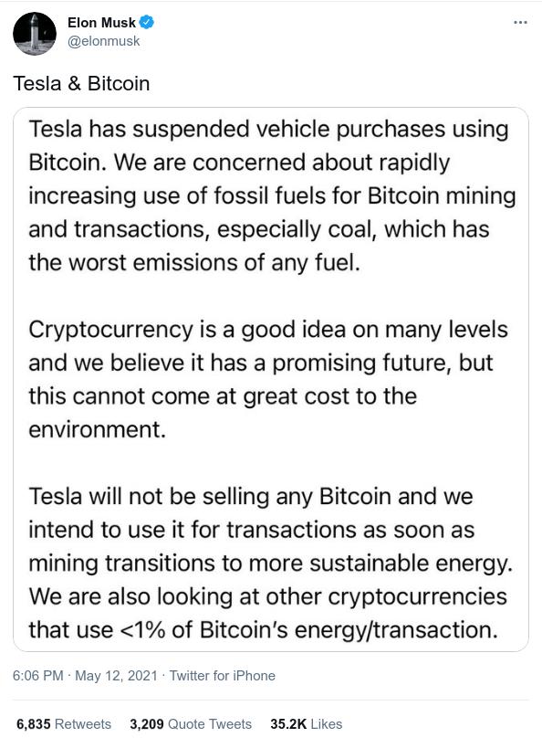 Elon Musk elonmusk Tesla Bitcoin Tesla has suspended vehicle purchases using Bitcoin We are concerned about rapidly increasing use of fossil fuels for Bitcoin mining and transactions especially coal which has the worst emissions of any fuel Cryptocurrency is a good idea on many levels and we believe it has a promising future but this cannot come at great cost to the environment Tesla will not be s
