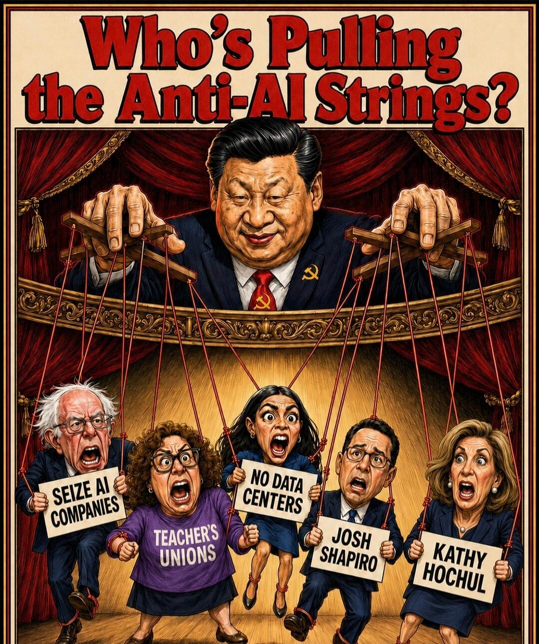 Who's Pulling the Anti-AI Strings? SEIZE AI COMPANIES TEACHER'S UNIONS NO DATA CENTERS JOSH SHAPIRO KATHY HOCHUL