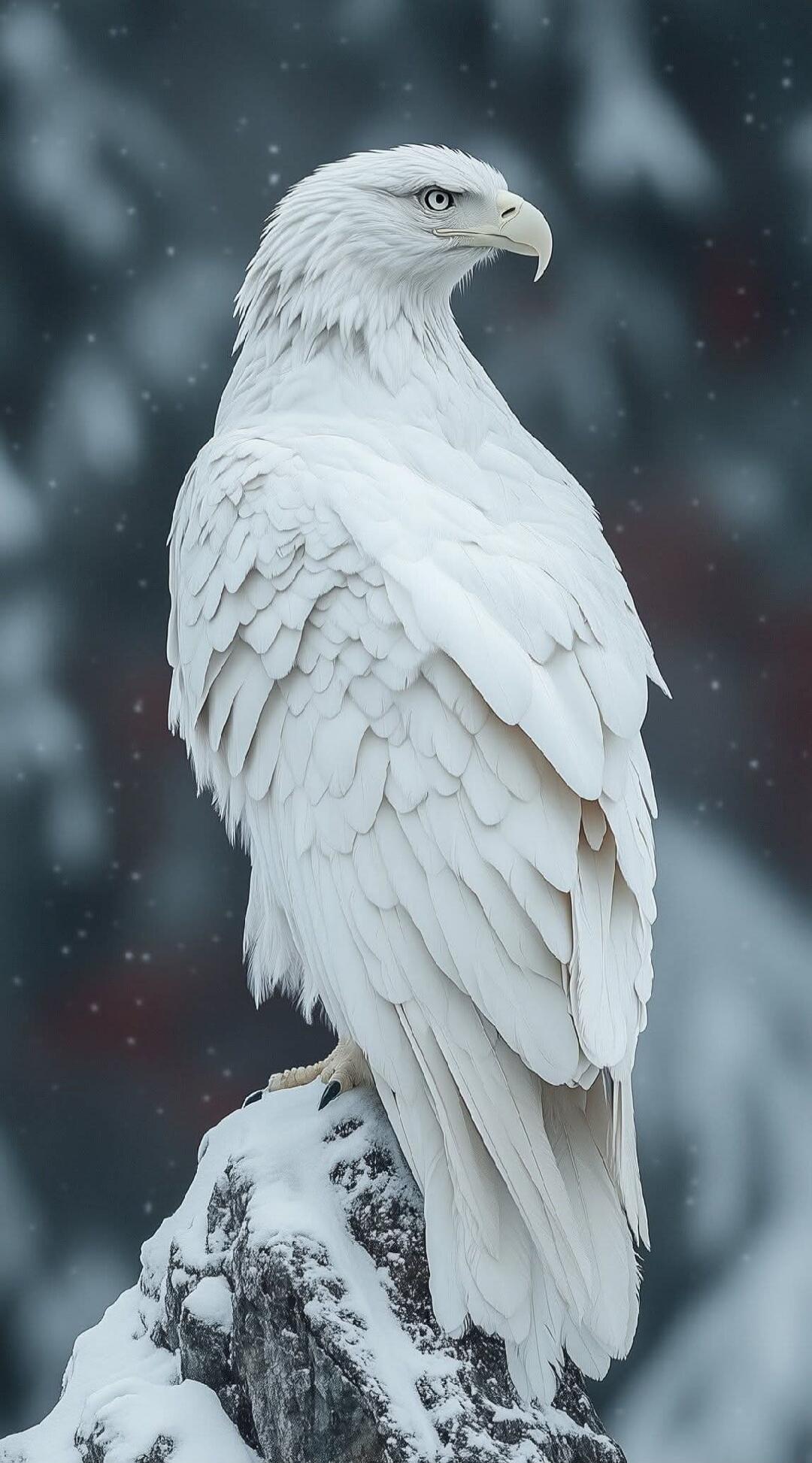 A white eagle perched on a snow-covered rock.