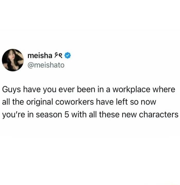 Guys have you ever been in a workplace where all the original coworkers have left so now you're in season 5 with all these new characters