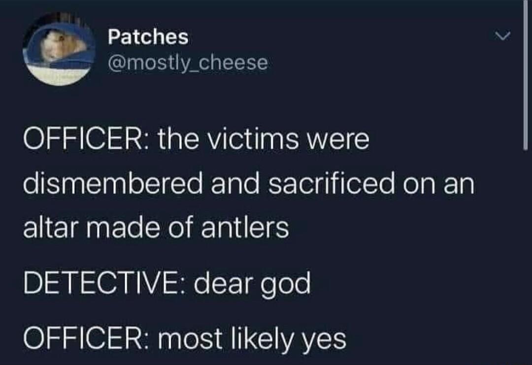 Patches mostly_cheese OFFICER the victims were dismembered and sacrificed on an altar made of antlers DETECTIVE dear god 0 33 6 8 S AICIAES