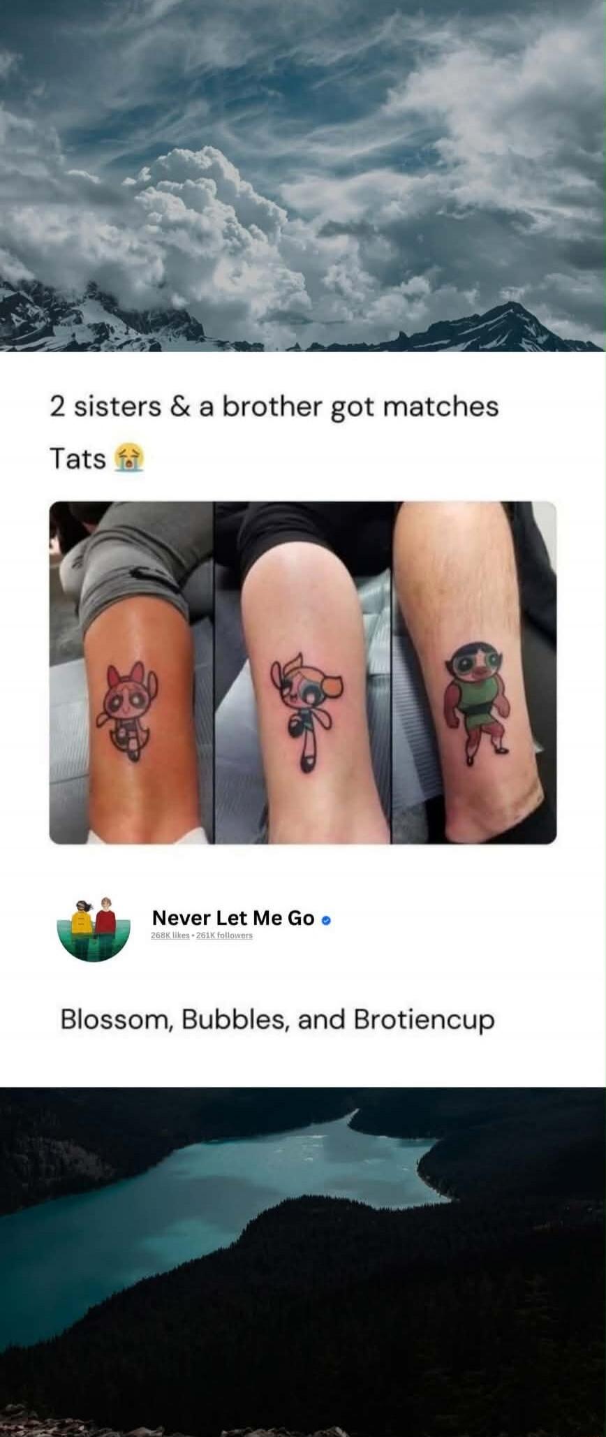 2 sisters & a brother got matches
Tats 😭

[image of three tattoos on arms]

Never Let Me Go
Blossom, Bubbles, and Brotiencup