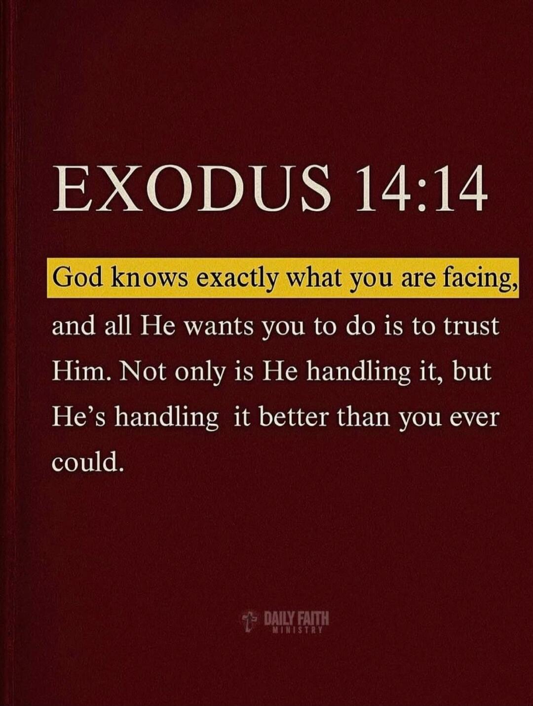 EXODUS 14:14 God knows exactly what you are facing, and all He wants you to do is to trust Him. Not only is He handling it, but He's handling it better than you ever could. DAILY FAITH MINISTRY