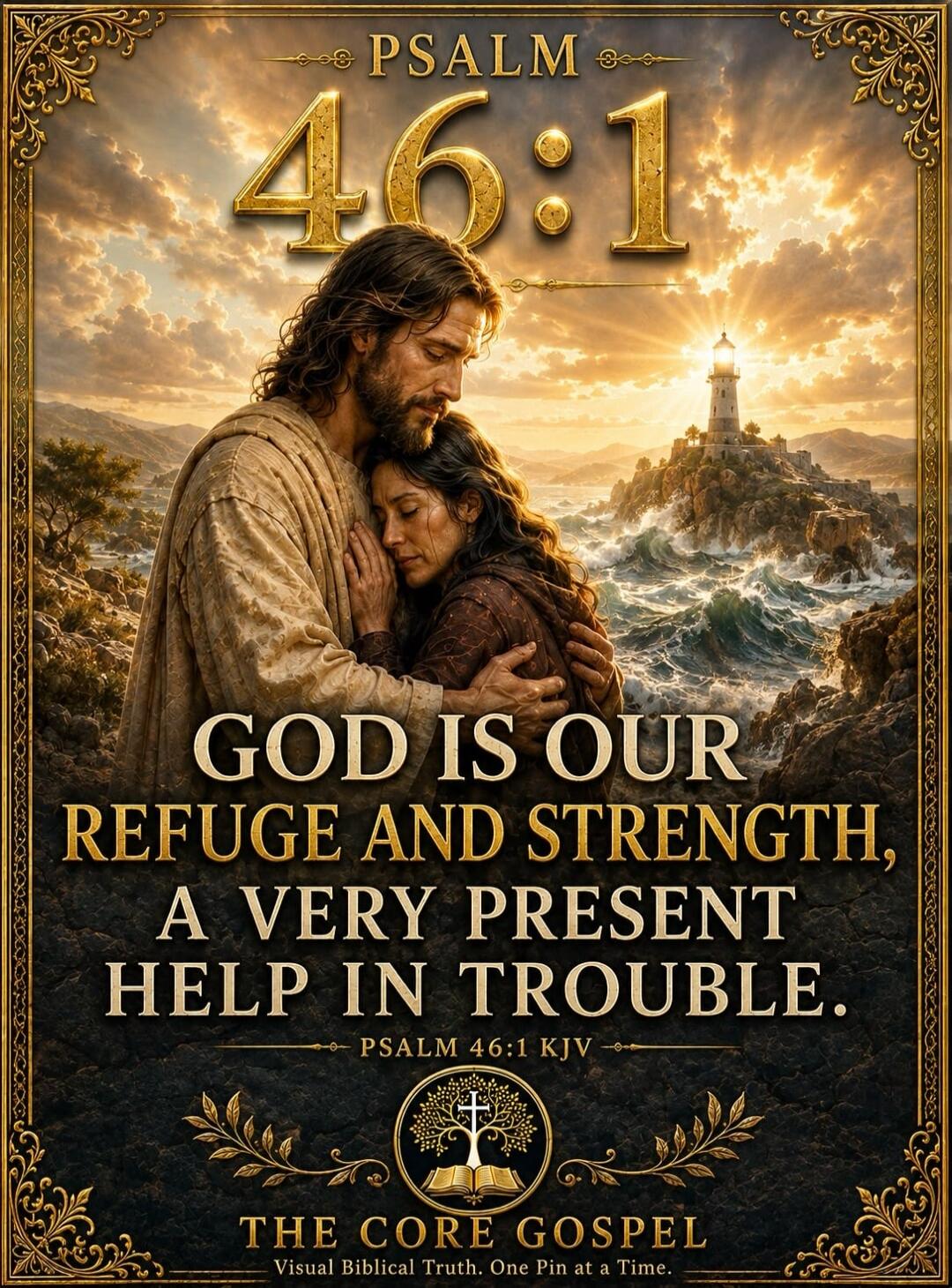 PSALM 46:1 GOD IS OUR REFUGE AND STRENGTH, A VERY PRESENT HELP IN TROUBLE. PSALM 46:1 KJV THE CORE GOSPEL Visual Biblical Truth. One Pin at a Time.