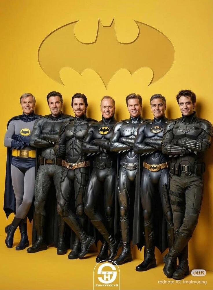 A group of seven men dressed in Batman costumes pose in front of a bright yellow background with a large Batman logo above them.