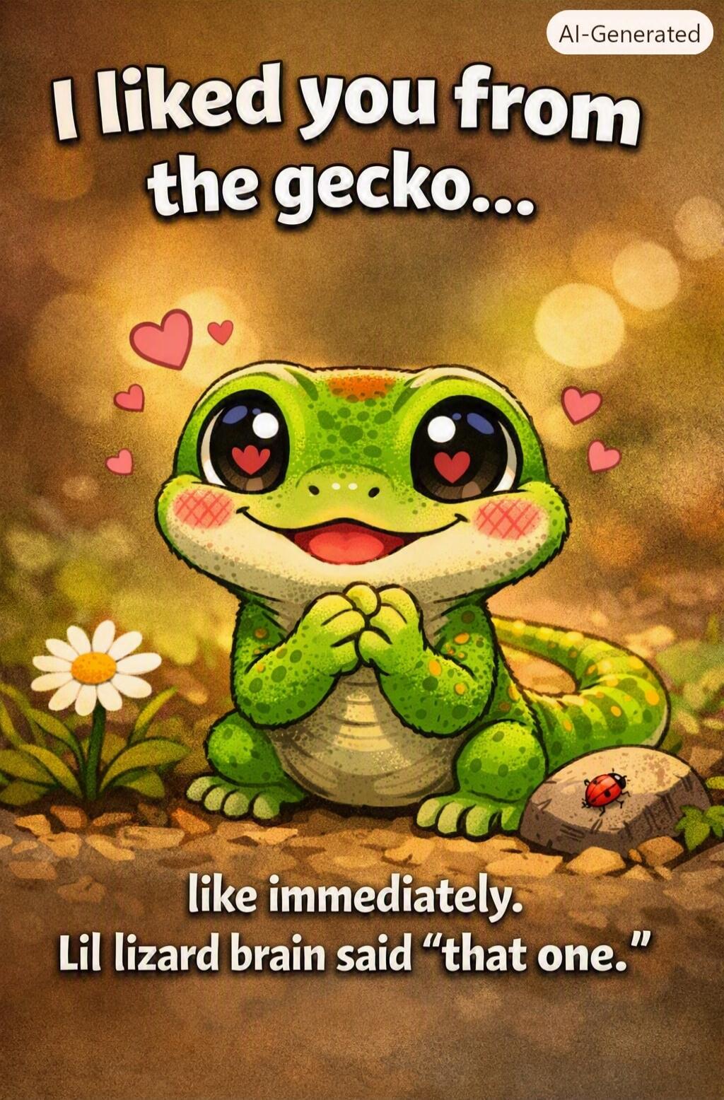 AI-Generated I liked you from the gecko... like immediately. Lil lizard brain said 