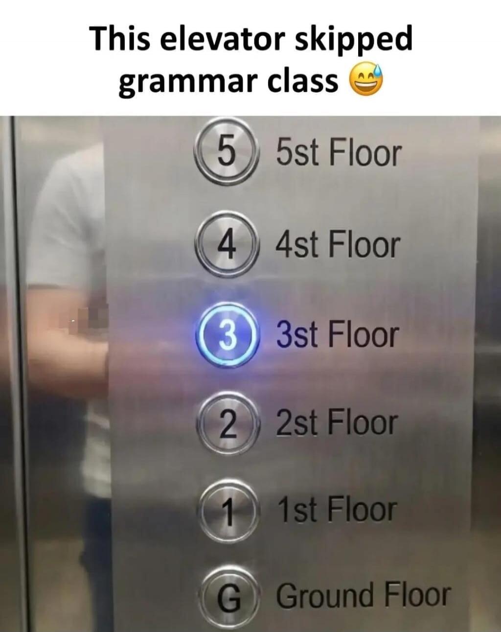 This elevator skipped grammar class 😂💦. Elevator control panel with buttons labeled: 5st Floor, 4st Floor, 3st Floor, 2st Floor, 1st Floor, G Ground Floor. The button for '3st Floor' is illuminated.