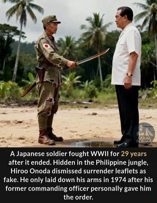 A Japanese soldier fought WWII for 29 years after it ended. Hidden in the Philippine jungle, Hiroo Onoda dismissed surrender leaflets as fake. He only laid down his arms in 1974 after his former commanding officer personally gave him the order.