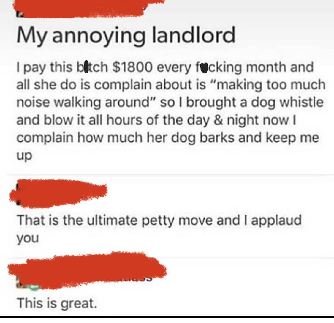 My annoying landlord pay this bitch 1800 every fgcking month and all she do is complain about is making too much noise walking around so brought a dog whistle and blow it all hours of the day night now complain how much her dog barks and keep me up That is the ultimate petty move and applaud you S This is great