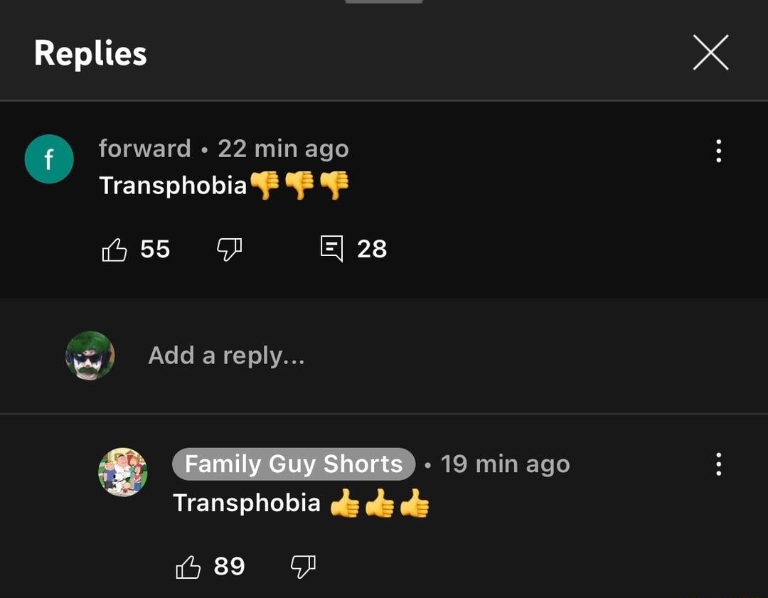 Replies forward 22 min ago Transphobia 5 E 28 Addareply WS 1 rin oo Transphobia ol oy s 8 o
