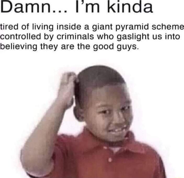 Damn Im Kinda tired of living inside a giant pyramid scheme controlled by criminals who gaslight us into believing they are the good guys