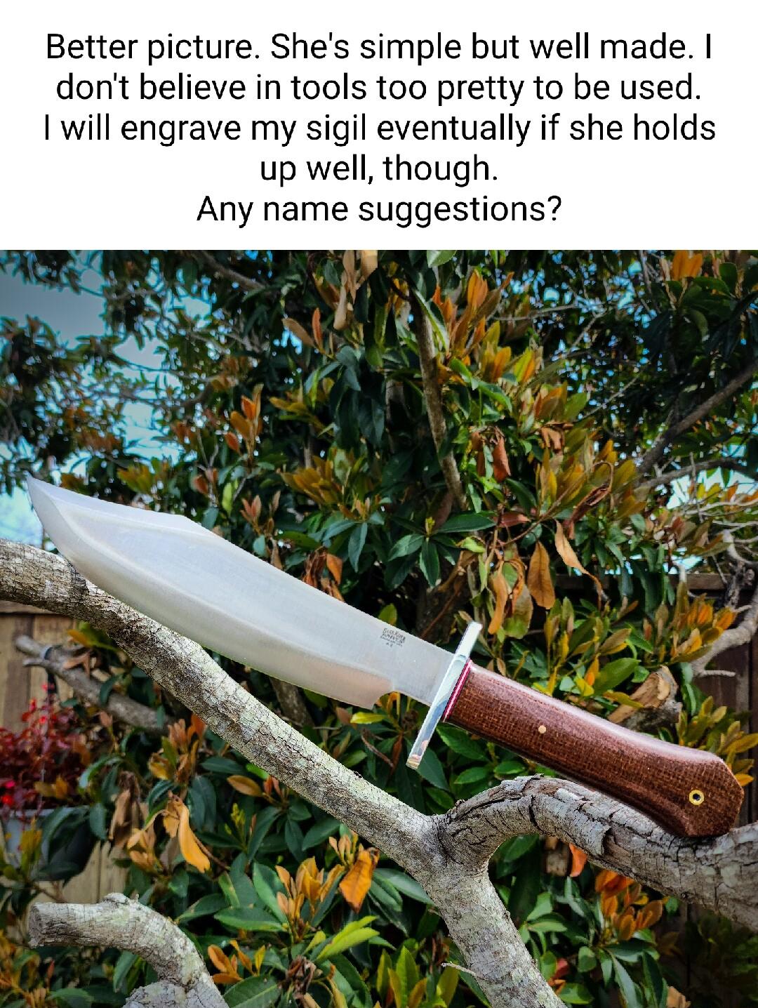 Better picture Shes simple but well made dont believe in tools too pretty to be used will engrave my sigil eventually if she holds up well though Any name suggestions