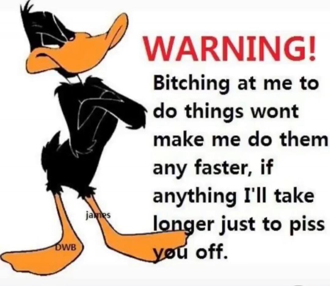WARNING! Bitching at me to do things won't make me do them any faster, if anything I'll take longer just to piss you off. james DWB