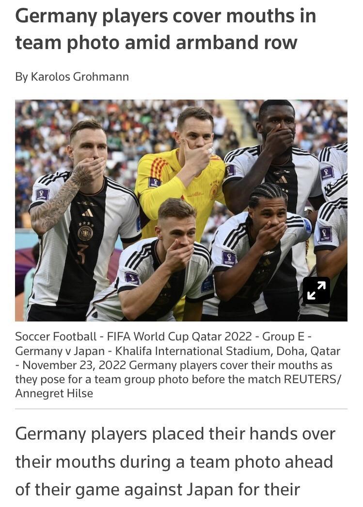 Germany players cover mouths in team photo amid armband row By Karolos Grohmann Soccer Football FIFA World Cup Qatar 2022 Group E Germany v Japan Khalifa International Stadium Doha Qatar November 23 2022 Germany players cover their mouths as they pose for a team group photo before the match REUTERS Annegret Hilse Germany players placed their hands over their mouths during a team photo ahead of the