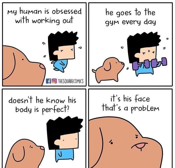 with working ouf My human is obsessed THESQUARECOMICS he goes To the gym every day doesnT he know his body is perfect its his face thats a problem