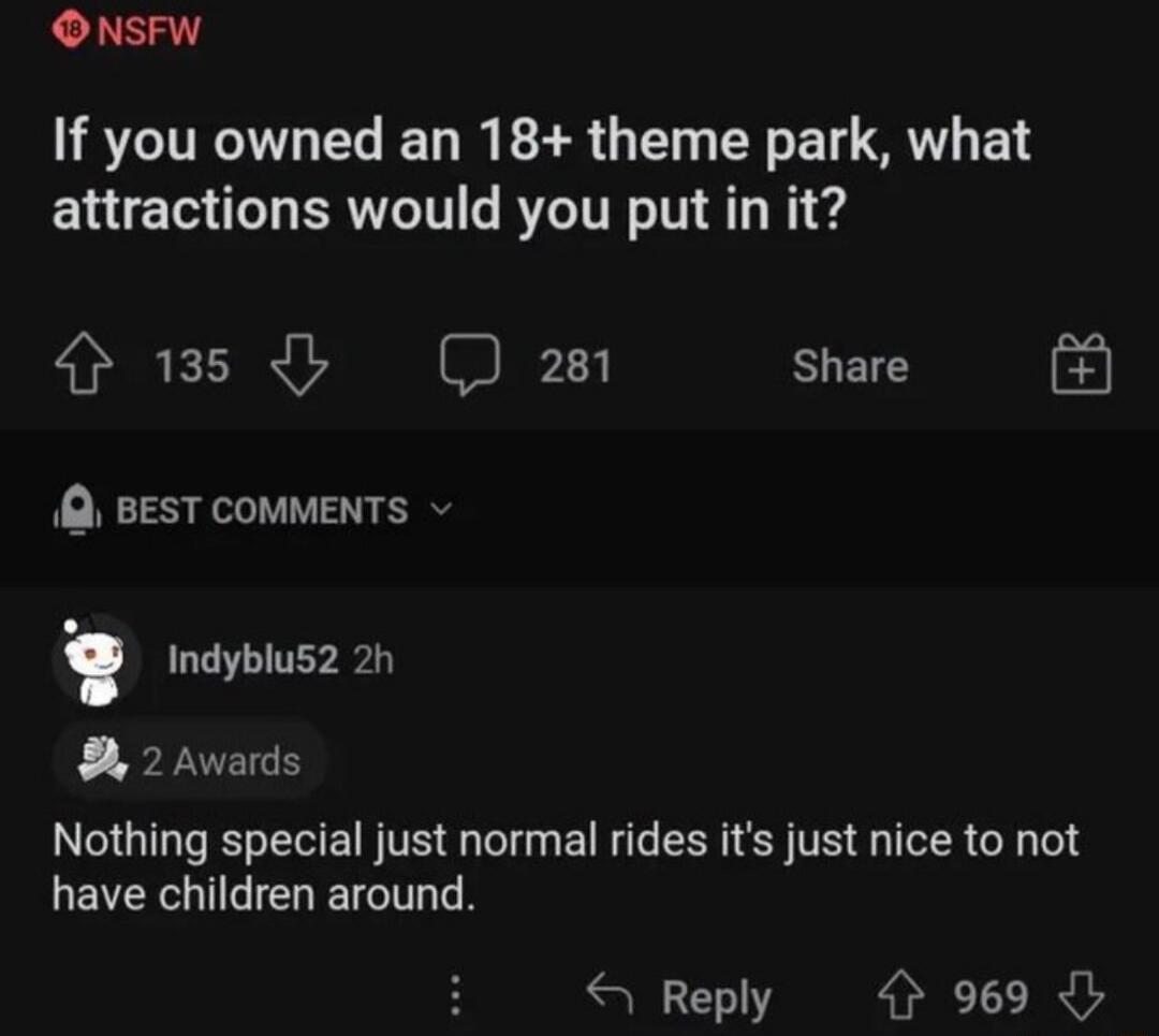 If you owned an 18+ theme park, what attractions would you put in it? INDYBLLU52 2h: Nothing special just normal rides it’s just nice to not have children around.