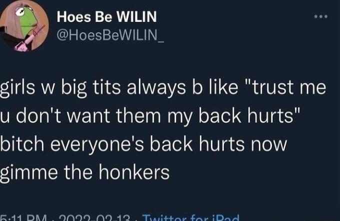 Hoes Be WILIN IETeTH TNV TR girls w big tits always b like trust me u dont want them my back hurts bitch everyones back hurts now ARG RN CIE L TN T Ry ey