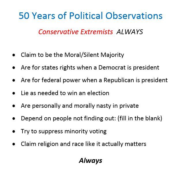 50 Years of Pol Conservative Extremists ALWAYS ical Observations Claim to be the MoralSilent Majority Are for states rights when a Democrat is president Are for federal power when a Republican is president Lie as needed to win an election Are personally and morally nasty in private Depend on people not finding out fill in the blank Try to suppress minority voting Claim religion and race like it ac