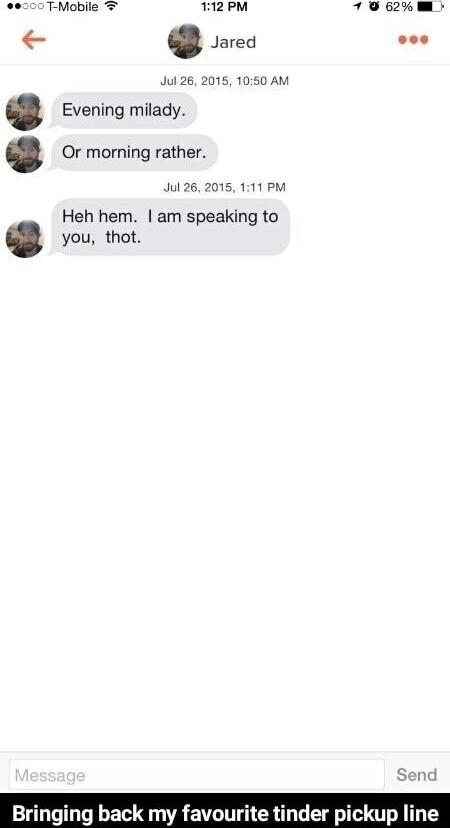 T12PM To62 M oo Jul 26 2015 1050 AM Evening milady _ Or morning rather Jul 26 2015 111 PM Heh hem am speaking to you thot Bringing back my favourite tinder pickup line