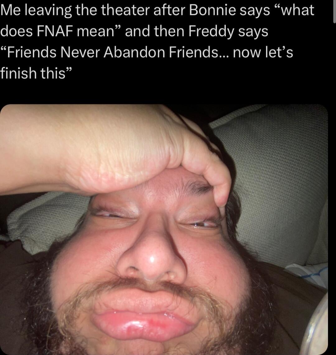 Me leaving the theater after Bonnie says what does FNAF mean and then Freddy says Friends Never Abandon Friends now lets finish this