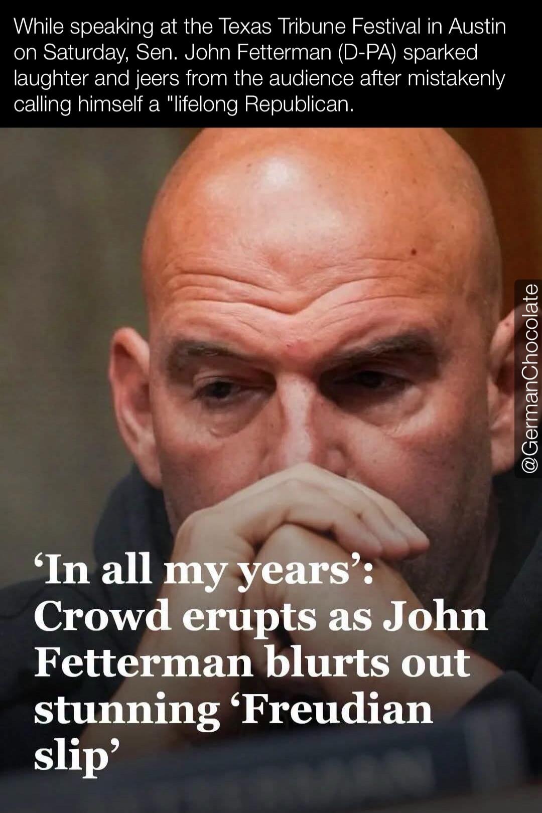 While speaking at the Texas Tribune Festival in Austin on Saturday, Sen. John Fetterman (D-PA) sparked laughter and jeers from the audience after mistakenly calling himself a 