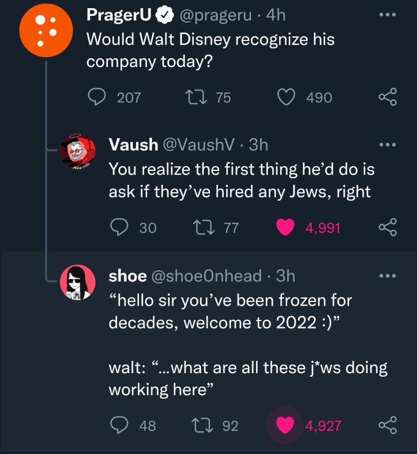 PragerU prageru 4h Would Walt Disney recognize his company today 207 nn Q 490 2 Vaush VaushV 3h R CIRCE PER GRS S U G R S EER R VAR ITEL T B VRG S 30 nmn W 4991 shoe shoeOnhead 3h hello sir youve been frozen for decades welcome to 2022 walt what are all these jws doing working here Qua M2 asz